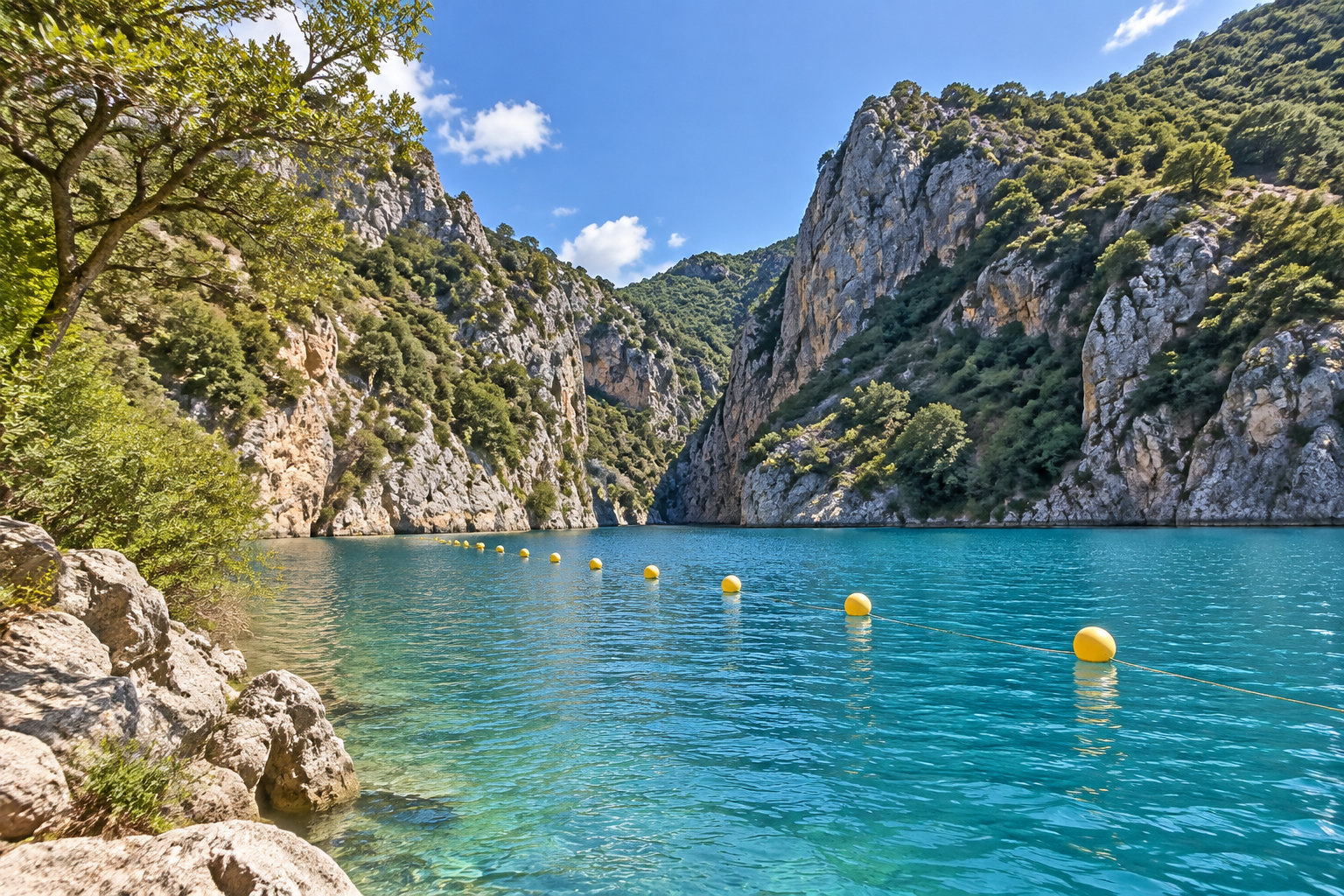 Un lac turquoise bordé de hautes falaises rocheuses et de végétation, avec une ligne de bouées jaunes flottant sur l’eau.