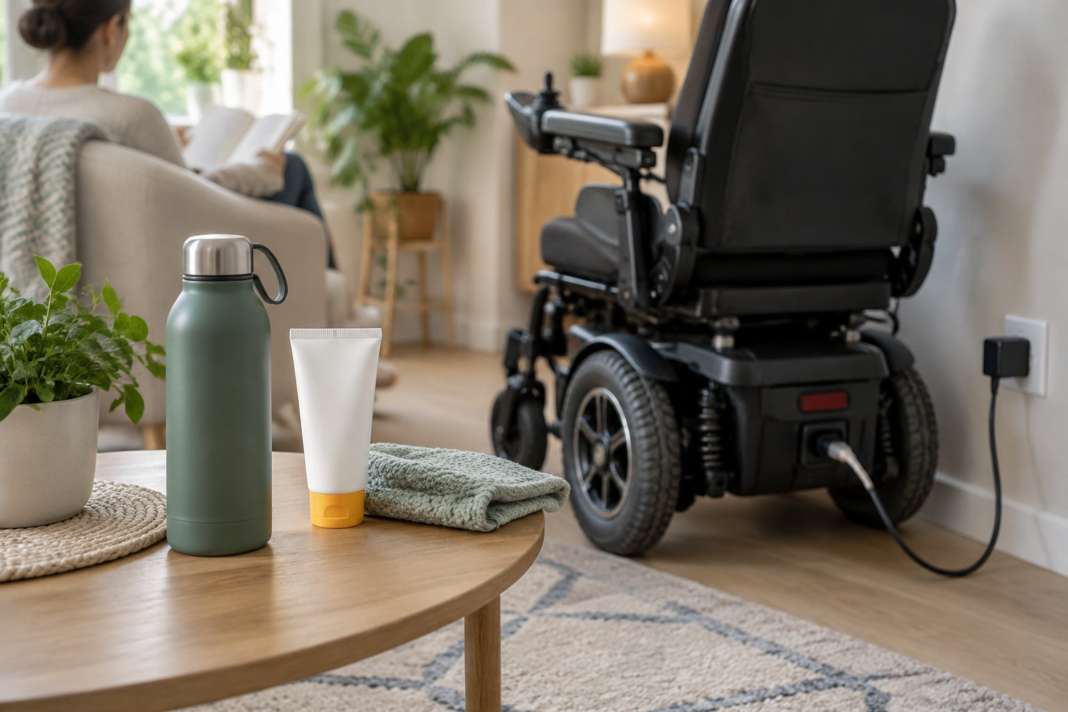 Une personne lit sur un canapé tandis qu’un fauteuil roulant électrique se recharge près d’une table où sont posés une bouteille, un tube et une serviette.