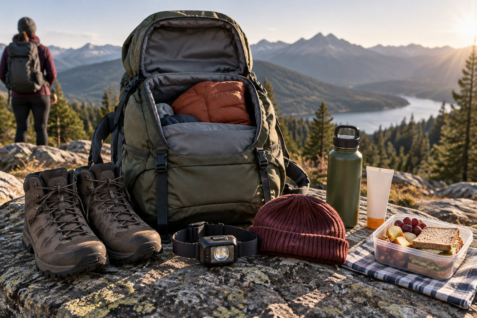 Un sac à dos ouvert, des chaussures de randonnée, une gourde, un bonnet, une lampe frontale et un repas sont posés sur un rocher, tandis qu’une personne contemple un lac entouré de montagnes.