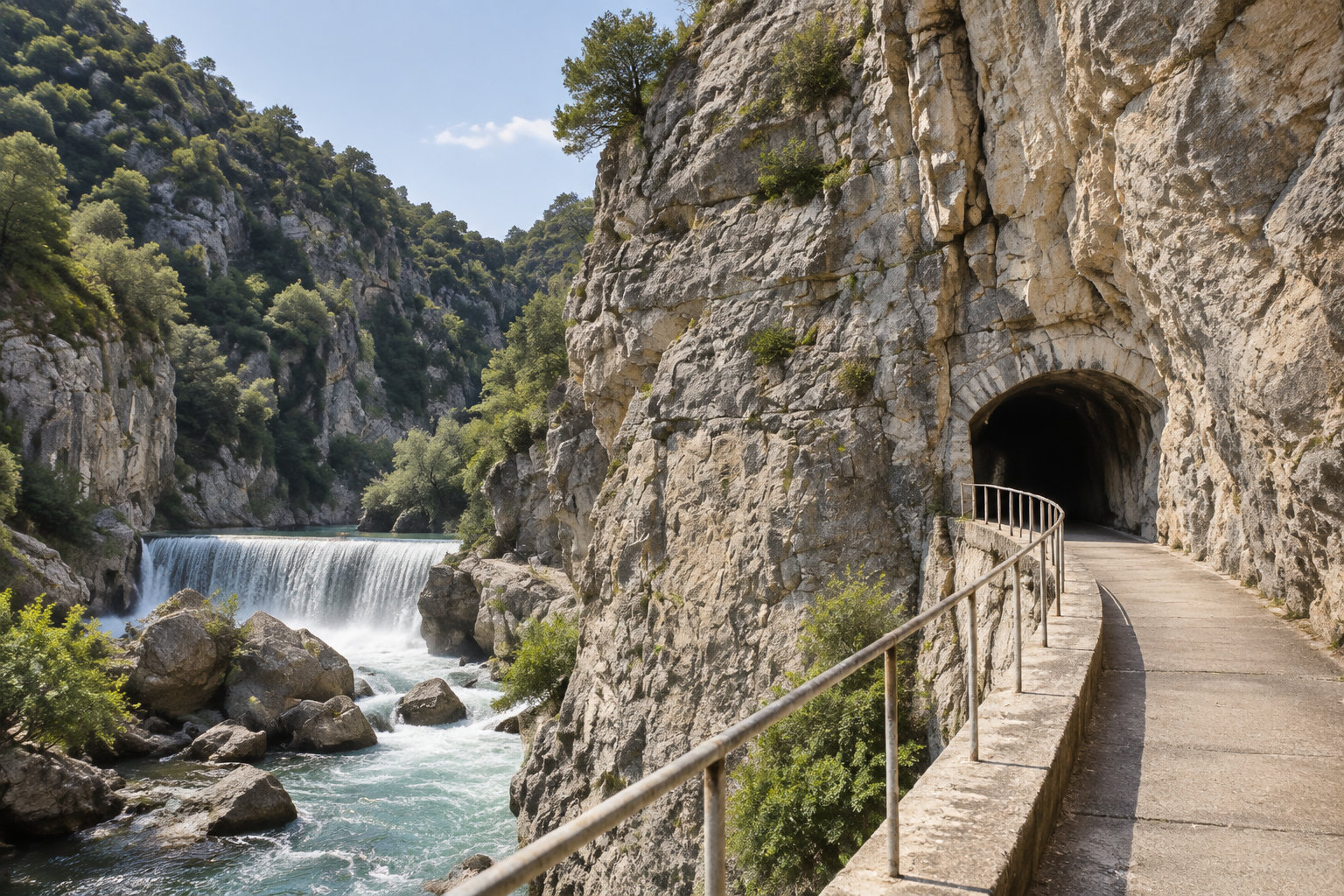 Un sentier bordé d’une rambarde longe une falaise rocheuse et mène à un tunnel, tandis qu’une cascade se déverse dans une rivière en contrebas.
