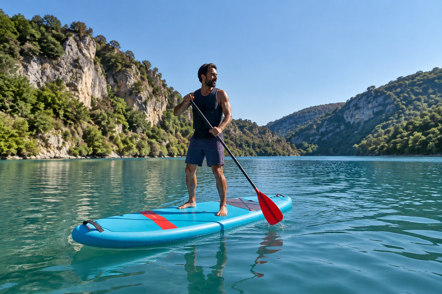 Un homme debout sur une planche à pagaie tient une pagaie rouge sur un lac entouré de collines rocheuses et boisées.