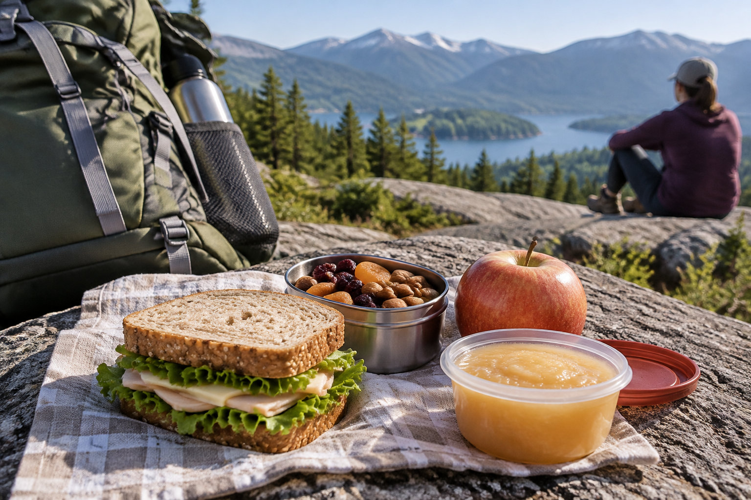 Un pique-nique composé d’un sandwich, de fruits secs, d’une pomme et d’une compote est posé sur un rocher, près d’un sac à dos, tandis qu’une personne assise contemple un lac entouré de montagnes.