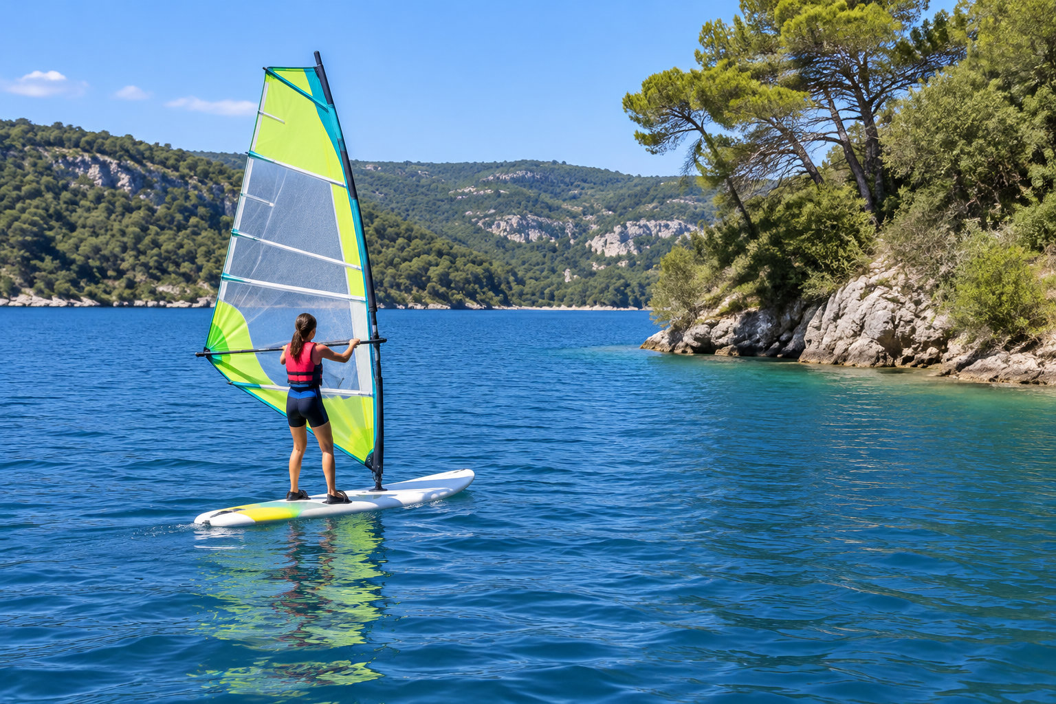Une personne en gilet de sauvetage fait de la planche à voile sur une eau bleue, près d’une rive rocheuse bordée de pins.