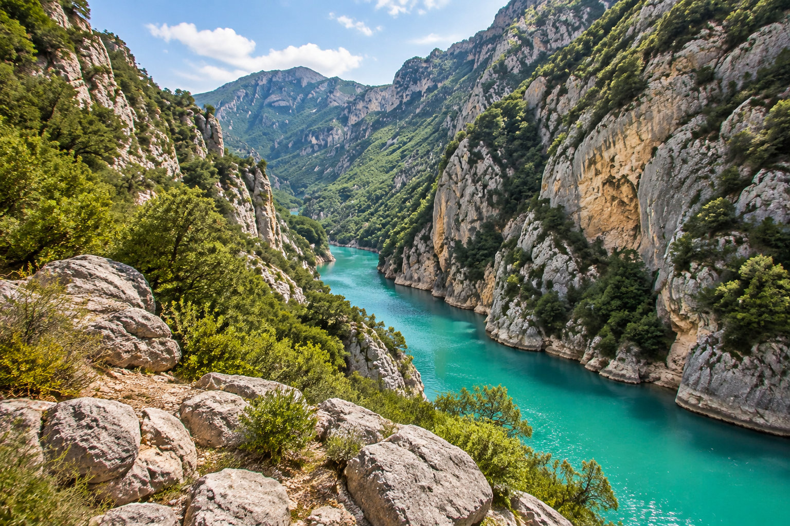 Une rivière turquoise serpente entre des falaises rocheuses couvertes de végétation, au pied de montagnes sous un ciel bleu.
