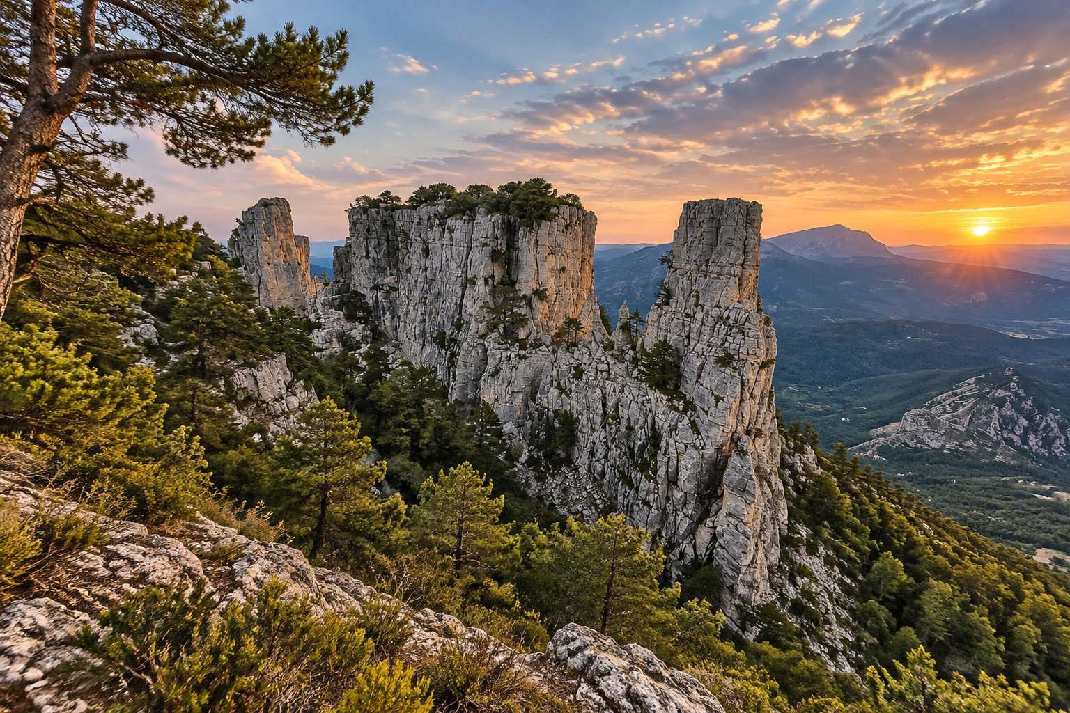 Des formations rocheuses émergent d’une forêt de pins, avec des montagnes et un soleil couchant à l’horizon.