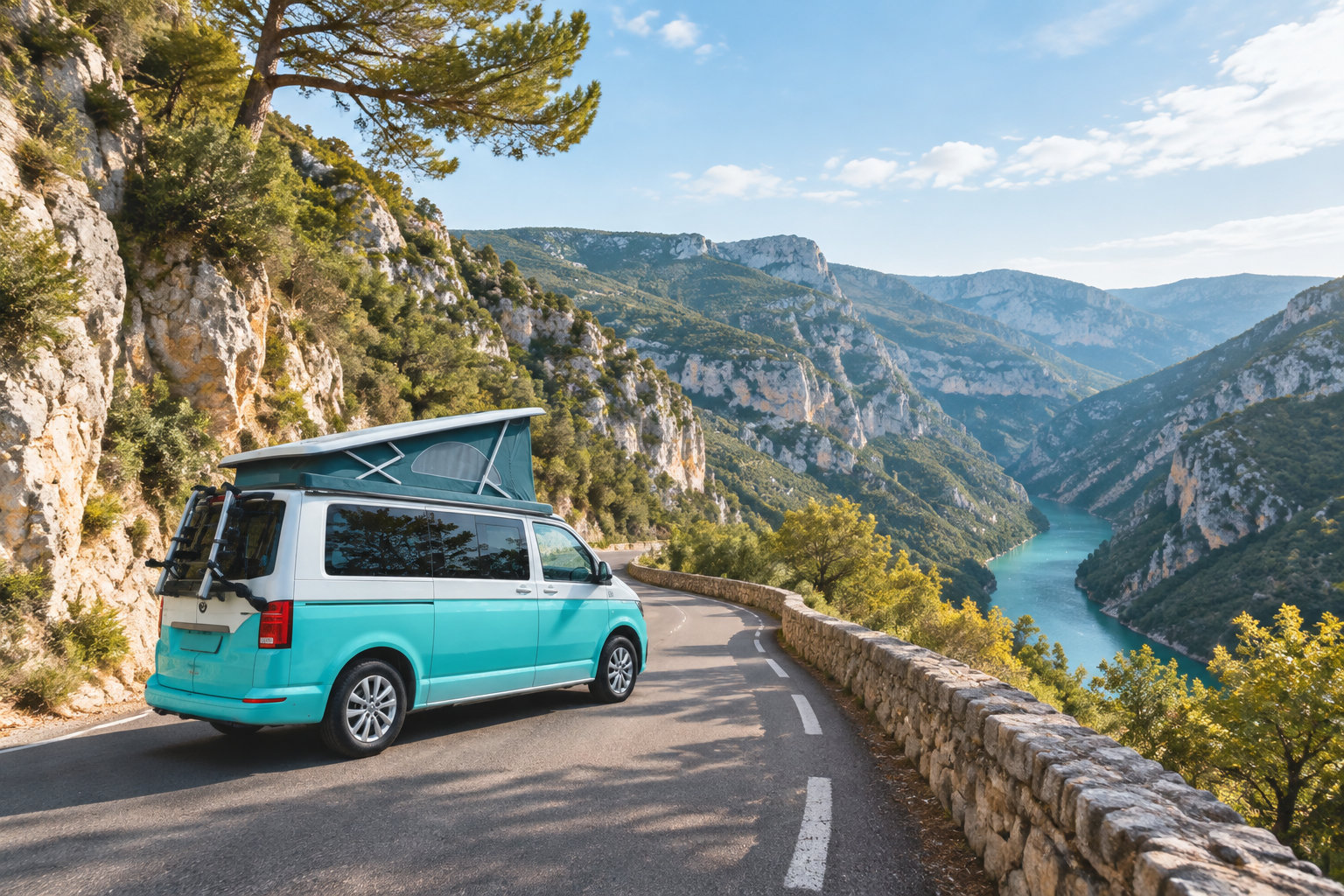 Un van turquoise aménagé roule sur une route de montagne bordée d’une murette, surplombant une rivière encaissée.
