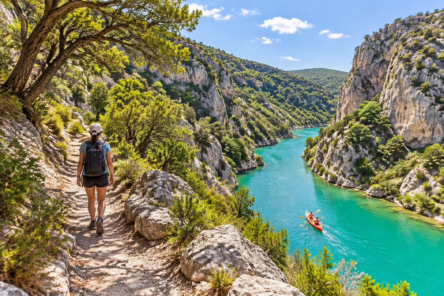 Une personne portant un sac à dos marche sur un sentier au-dessus d’une rivière turquoise encaissée entre des falaises, tandis qu’un kayakiste pagaye en contrebas.