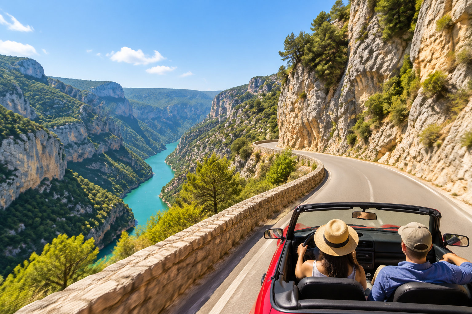Deux personnes en chapeau roulent en voiture décapotable sur une route sinueuse longeant des falaises et un canyon traversé par une rivière turquoise.