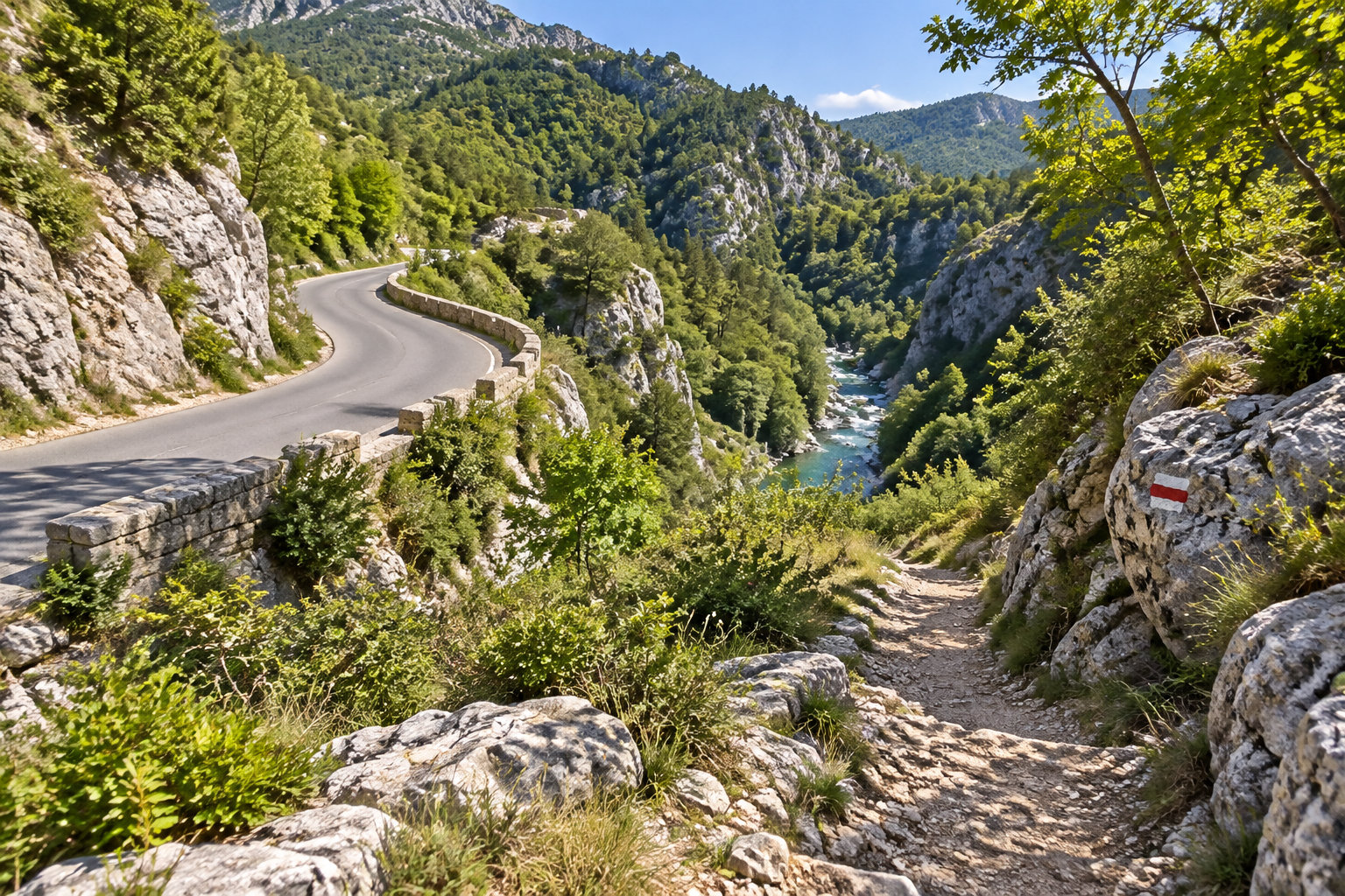 Une route sinueuse longe un sentier rocheux balisé de rouge et de blanc, au-dessus d’une rivière dans une vallée boisée.