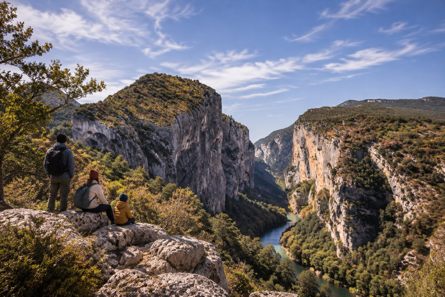 Trois randonneurs contemplent une rivière encaissée entre de hautes falaises rocheuses couvertes de végétation.