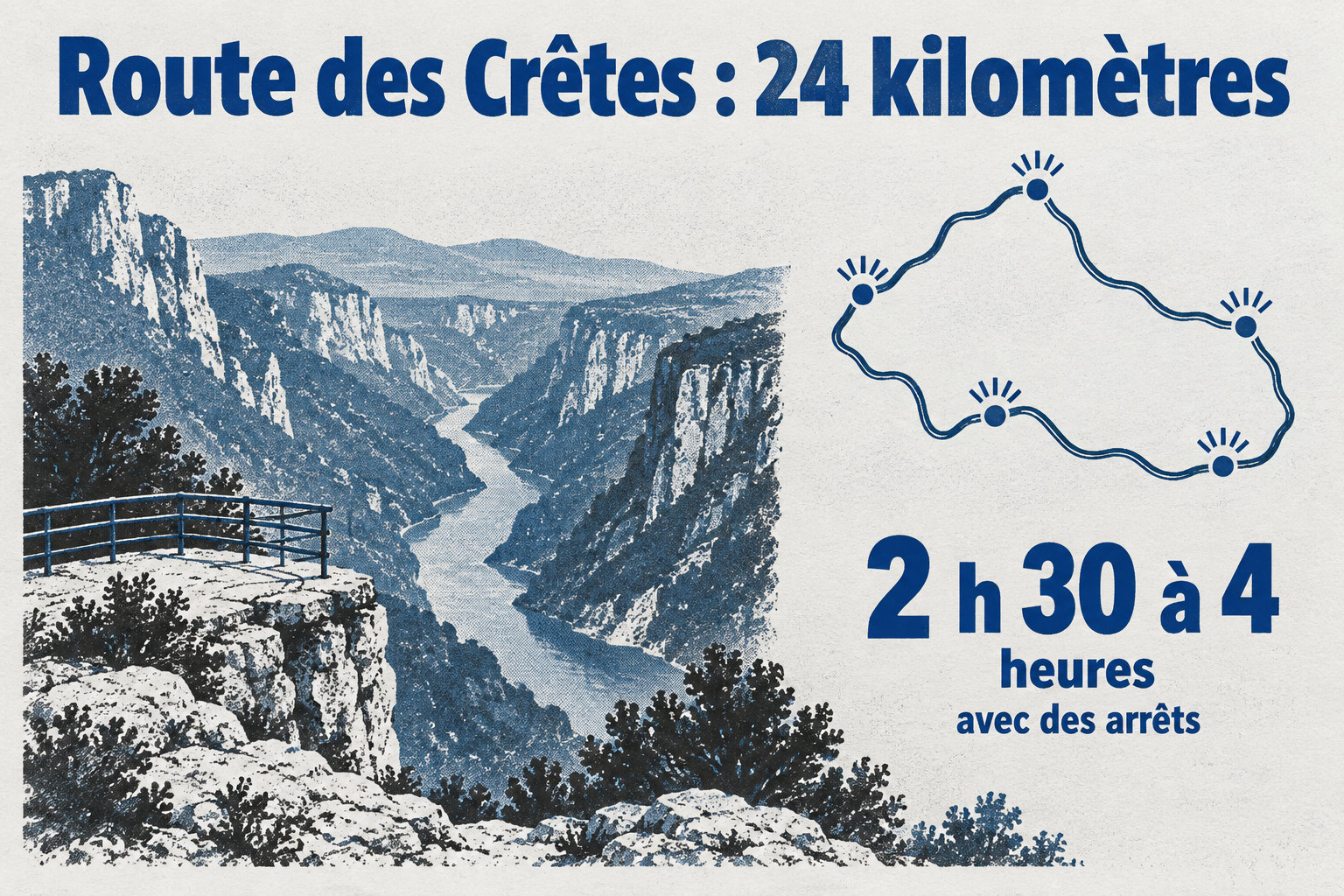 La boucle de la Route des Crêtes fait 24 kilomètres et se parcourt avec des arrêts en 2 h 30 à 4 heures.