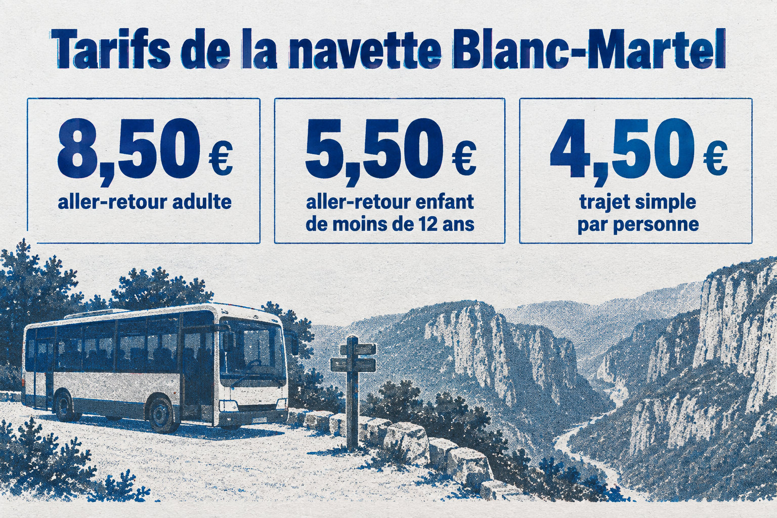 La navette Blanc-Martel coûte 8,50 € l’aller-retour par adulte, 5,50 € l’aller-retour par enfant de moins de 12 ans et 4,50 € le trajet simple par personne.